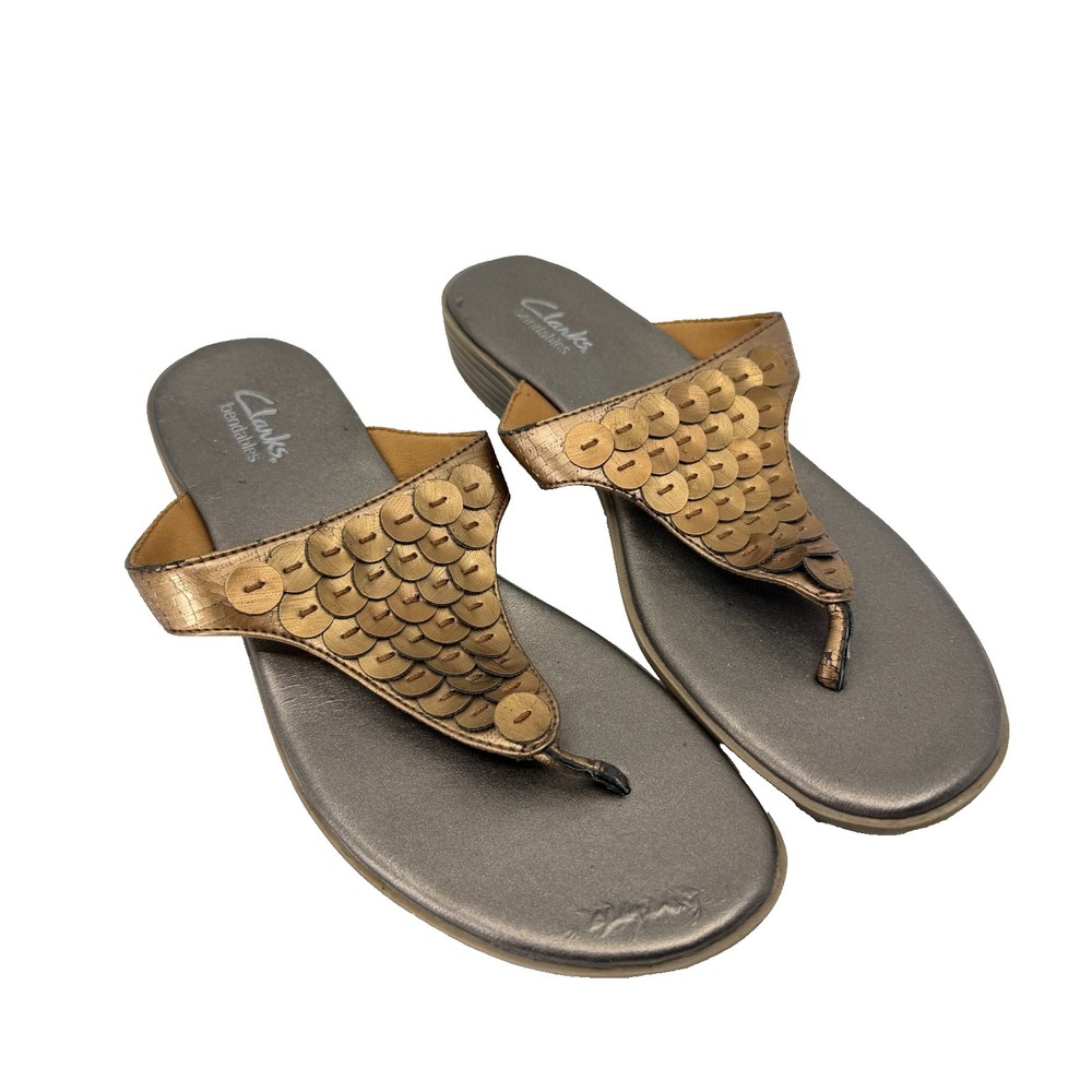 Clarks Bendables Bronze Metallic Sequin Thong Wedge Sandals 35706 Womens 8M